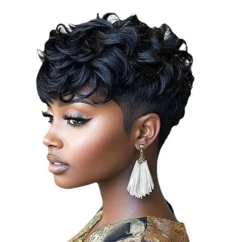 Black Pixie Cut Wig Short Wavy Hair For Black Women Natural Black